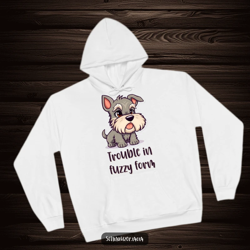 Funny Schnauzer hoodie featuring a sly dog character with a knowing, mischievous glint in its eye, ready for fun.