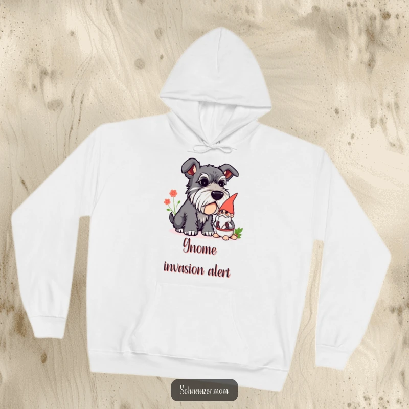 Funny Schnauzer hoodie showing a curious dog sniffing a garden gnome, offering warmth and whimsical charm.