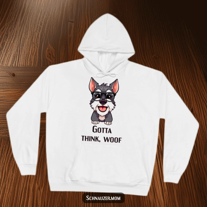 Funny Schnauzer dog adjusting spectacles, looking scholarly and cozy in a hooded sweatshirt.