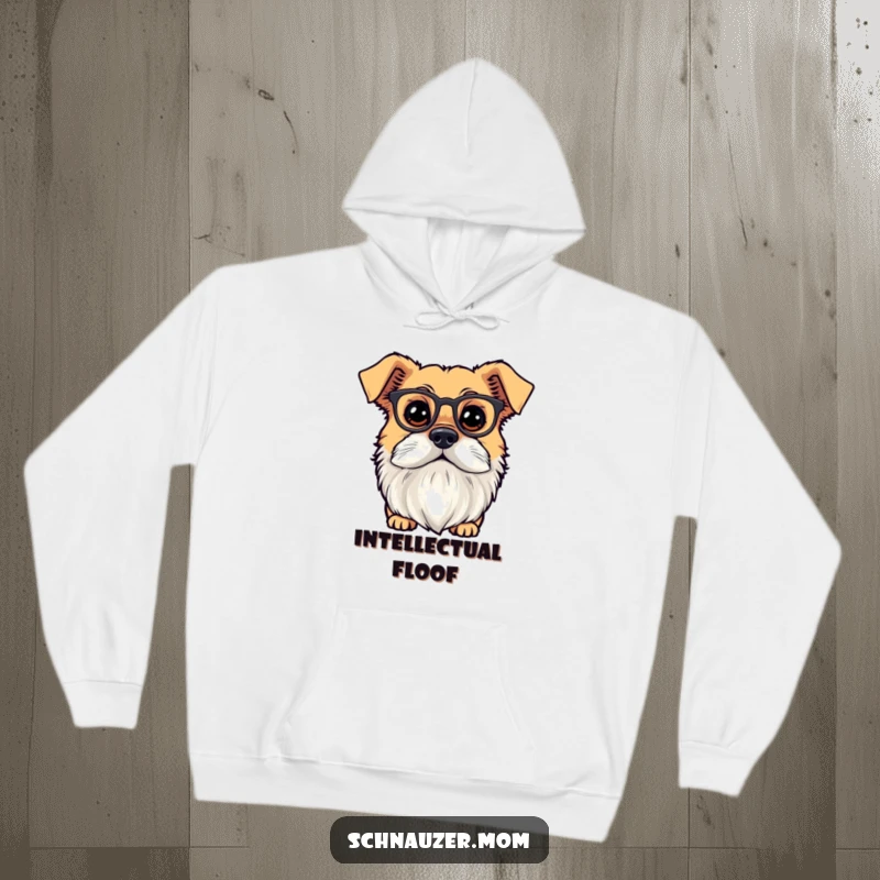 Funny dog with a prominent beard and tiny spectacles, looking up with curiosity. Cozy hoodie.