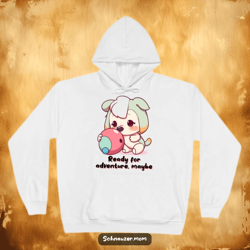 Funny hoodie depicting a character nudging a toy with its nose, full of eagerness and ready for fun, a cozy humorous garment.