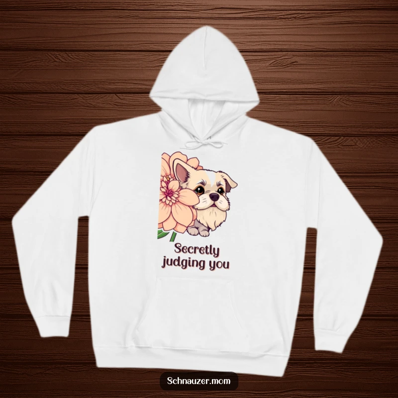 Funny dog with a distinguished beard peeking mischievously from behind a large, blooming flower. Cozy hoodie.