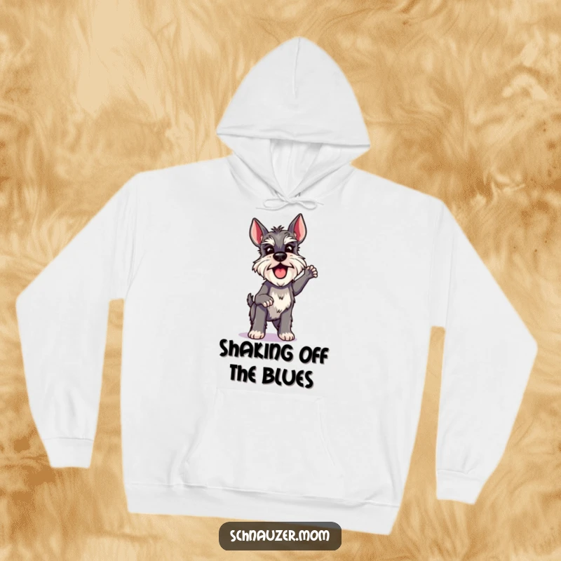 Funny Schnauzer Lady Hoodie, doing a quick and excited shake with infectious energy, offering warmth and a humorous dog design.