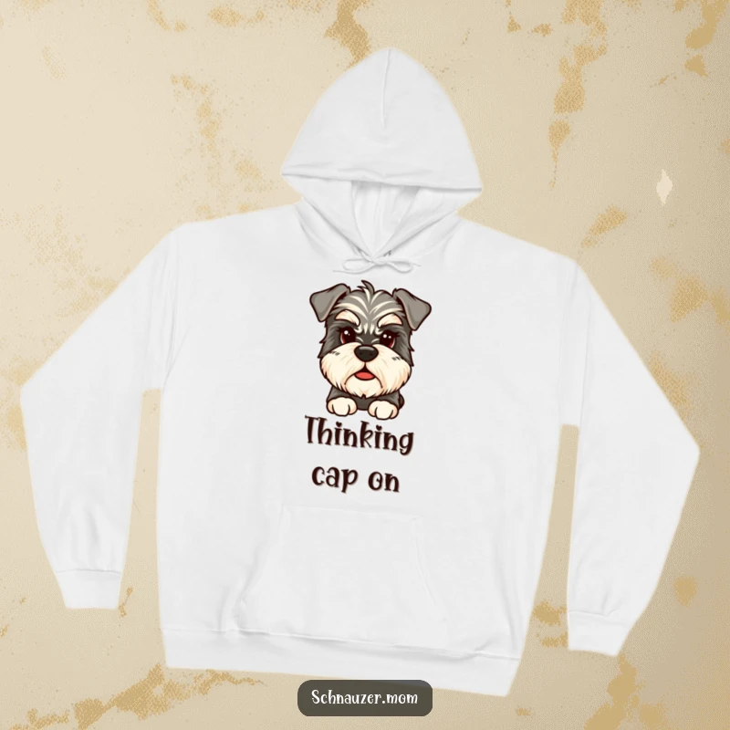 Funny Contemplative Schnauzer Hoodie, a scruffy dog with bushy eyebrows looking thoughtfully, perfect for cozy contemplation.