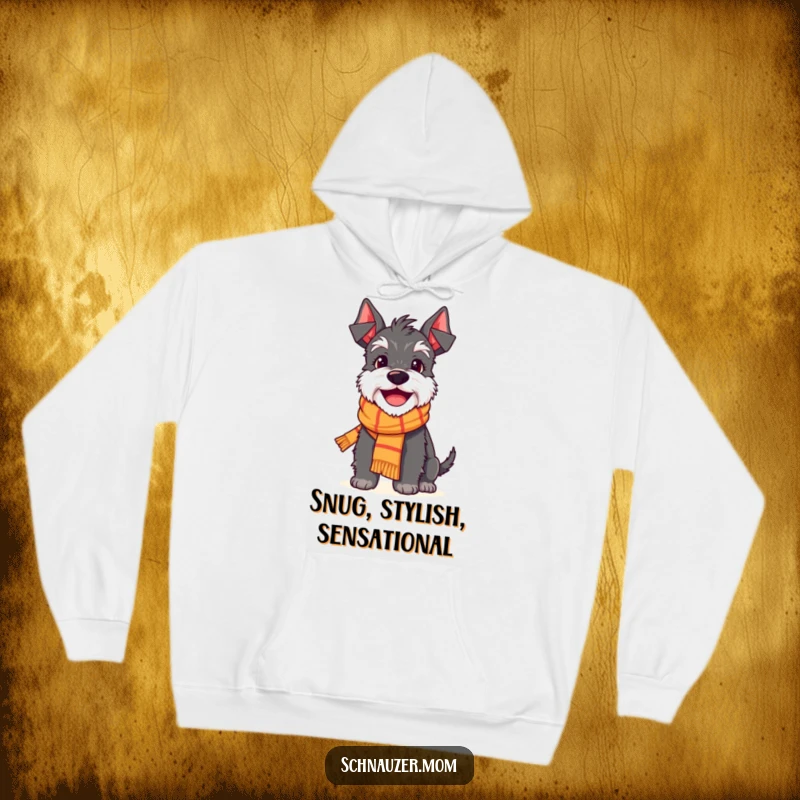 Funny Schnauzer hoodie showcasing a delighted dog character wearing a charming tiny scarf and beaming with a cheerful, infectious smile.
