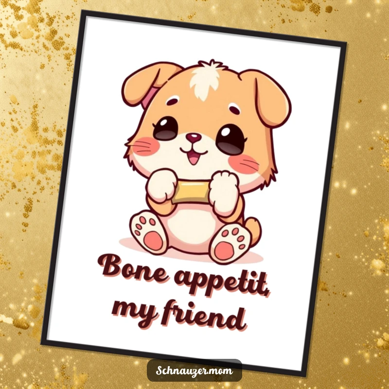 Funny free printable wall art of a happy dog, paws holding a small bone with glee, adding cheer to walls.