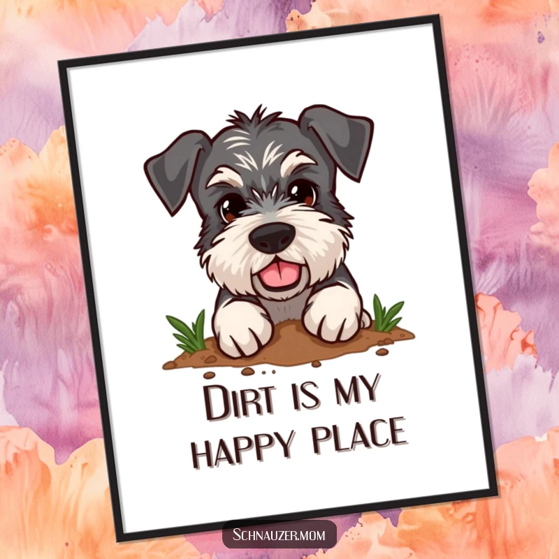 Funny Free Printable Wall Art: A Schnauzer character with a determined expression, digging energetically in the dirt.