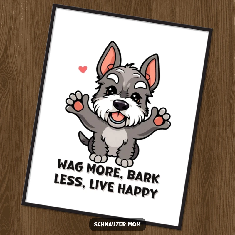 Funny Free Printable Kawaii Schnauzer Wall Art, a dog joyfully greeting with enthusiastic tail wags, happy home decor, printable art.