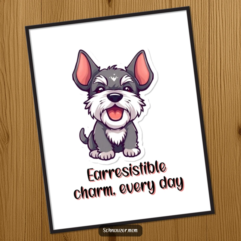 Funny Free Printable Schnauzer Wall Art: A kawaii schnauzer with ears high, captured mid-playful bark, perfect for any room.