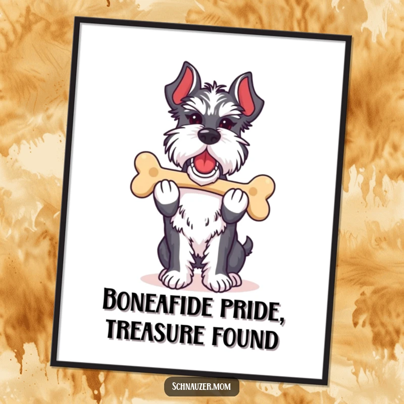 Funny Free Printable Schnauzer Wall Art depicting a dog proudly carrying its favorite bone, a symbol of contentment.