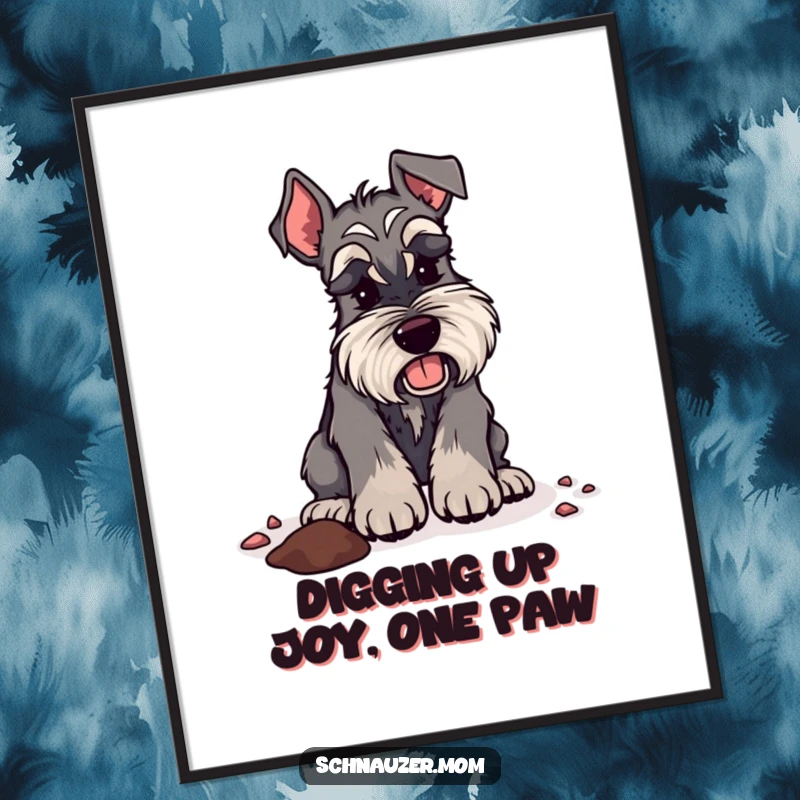 Funny Free Printable Schnauzer Wall Art showing a dog digging with energetic paws, creating a small dirt mound.