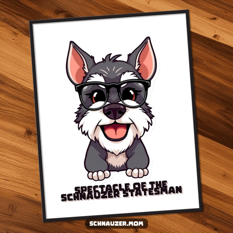Funny Free Printable Wall Art: Schnauzer dog wearing spectacles and smiling, exuding intellectual charm.