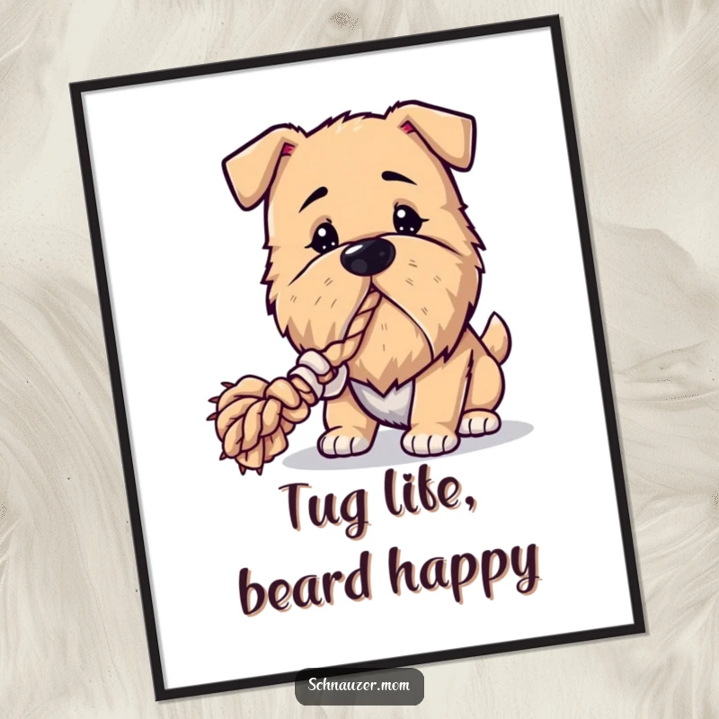 Funny Free Printable Wall Art: A dog with a distinguished beard enthusiastically plays tug-of-war with a rope toy.