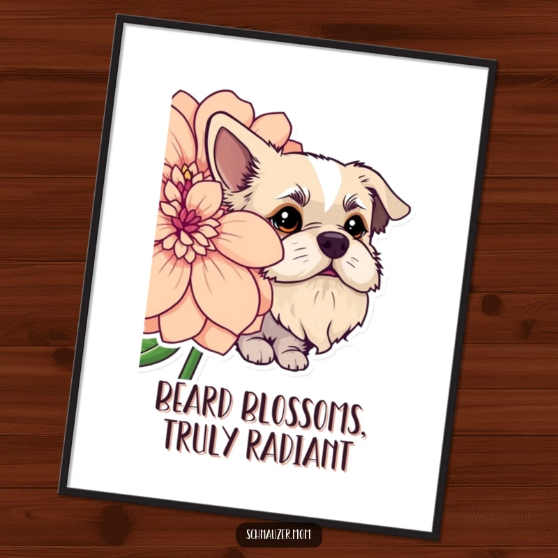 Funny Free Printable Wall Art: Dog sporting a prominent beard playfully peeking out from behind a large, vibrant flower.