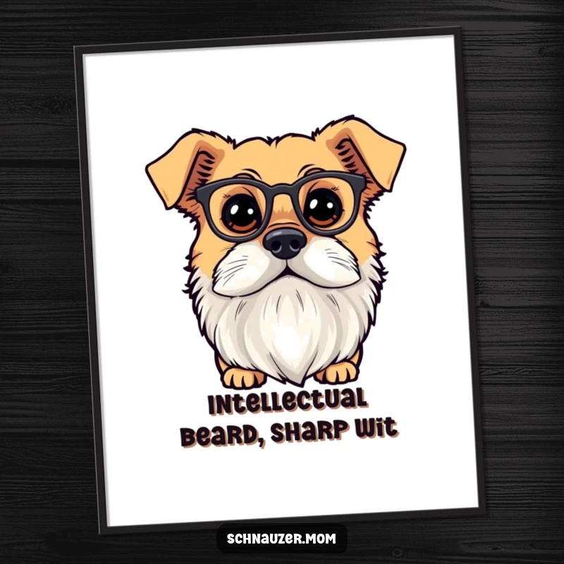 Funny Free Printable Wall Art: Dog with a distinguished beard wearing tiny spectacles, looking around with curious intelligence.