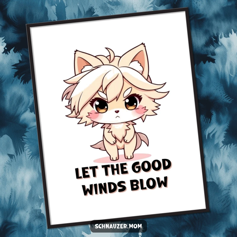 Funny free printable wall art of a dog with fur blowing in the wind, looking determined, symbolizing resilience.