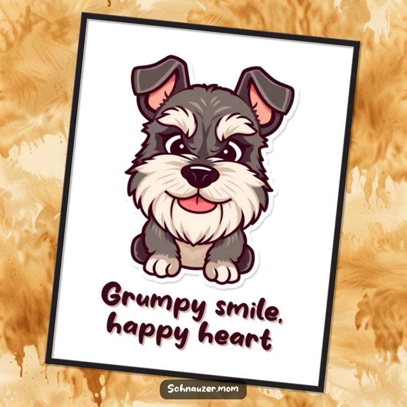Funny Free Printable Wall Art: A Schnauzer dog showcasing a unique smile that is friendly yet holds a touch of lovable grumpiness.