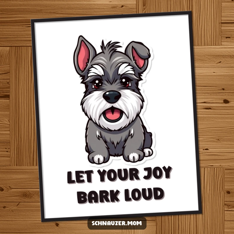 Funny Free Printable Wall Art: A sturdy Schnauzer dog with bushy eyebrows is caught mid-bark, radiating enthusiastic happiness.
