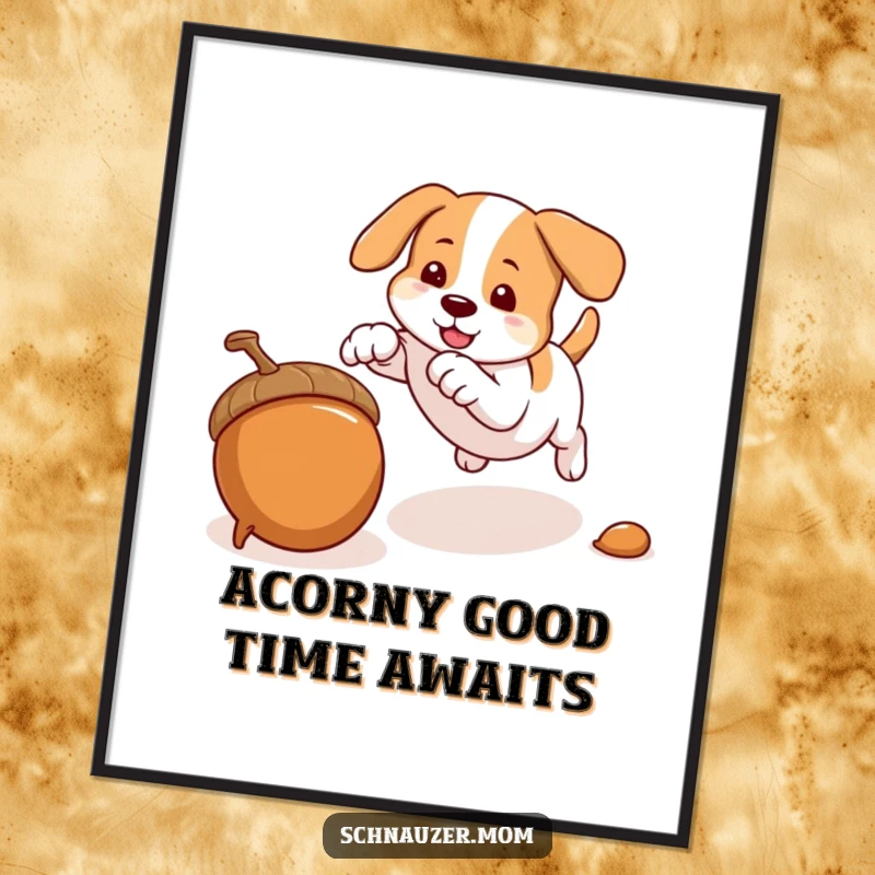 Funny Free Printable Wall Art: Dog mid-pounce on an acorn, downloadable humorous art celebrating playful energy.