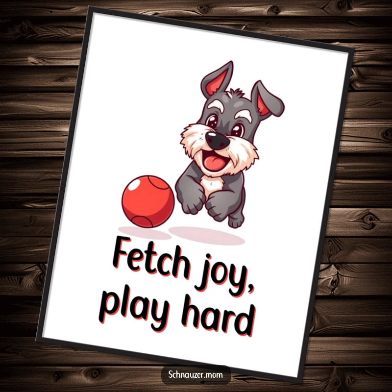 Funny Free Printable Wall Art: A playful Schnauzer dog with a determined grin enthusiastically chases a bouncing red ball.