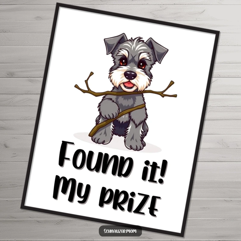 Funny Free Printable Wall Art: A proud Kawaii Schnauzer holds a small, interesting twig with a cheerful expression.