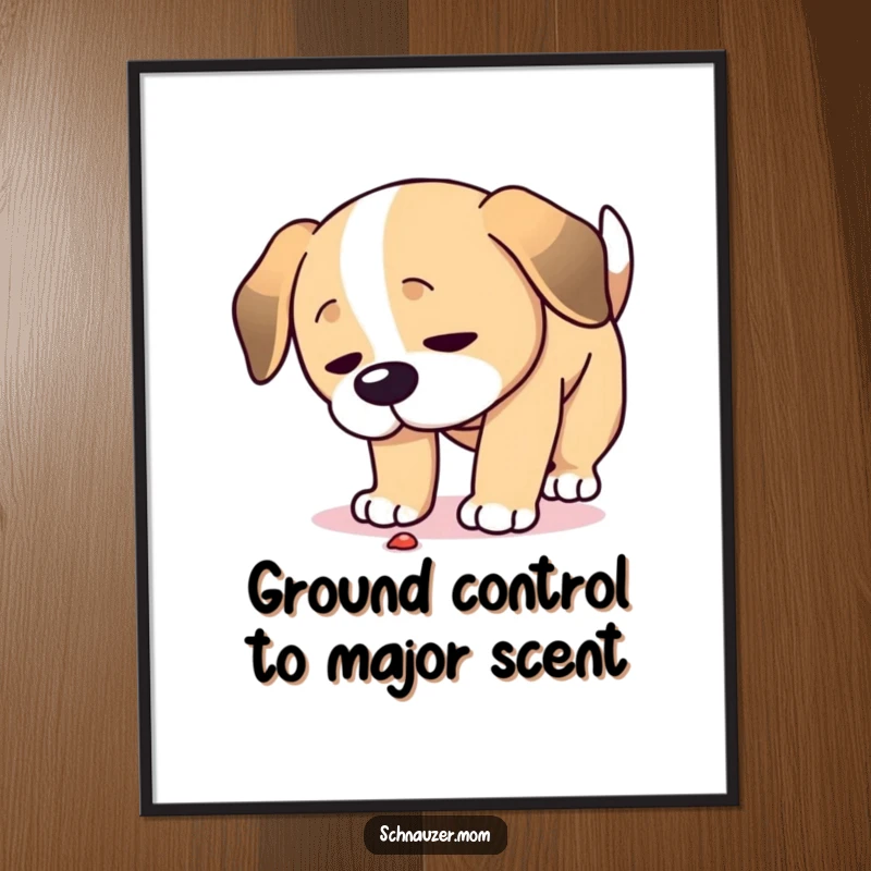 Funny Free Printable Wall Art: A dog intently lowers its head, meticulously inspecting something fascinating on the ground.