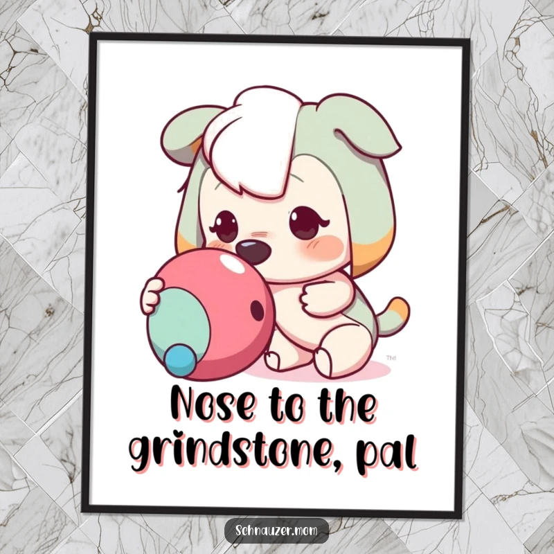 Funny Free Printable Wall Art: Eager dog nudges toy with nose, looking playful, perfect humorous decor.