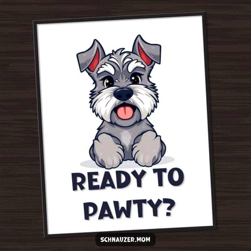 Funny Free Printable Wall Art: A Kawaii Schnauzer with paws forward, inviting everyone to join a friendly game.