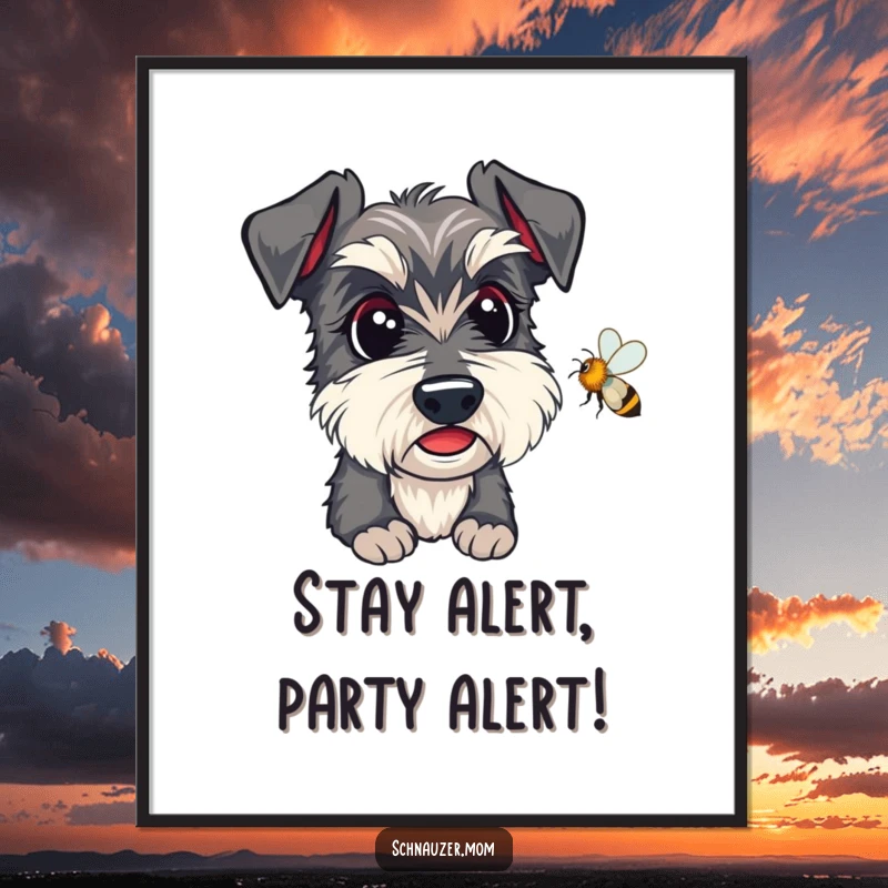 Funny Free Printable Wall Art: Kawaii Schnauzer intently observing a bee, adding playful charm to your decor.