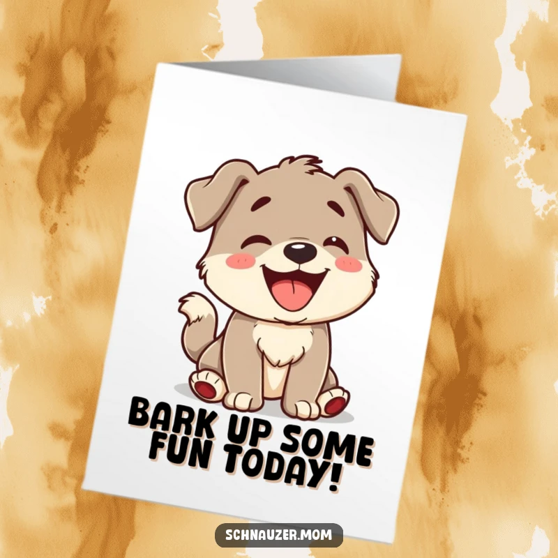 Funny Free Printable Birthday Card: A happy character barking playfully with a furiously wagging tail, sending birthday cheer.