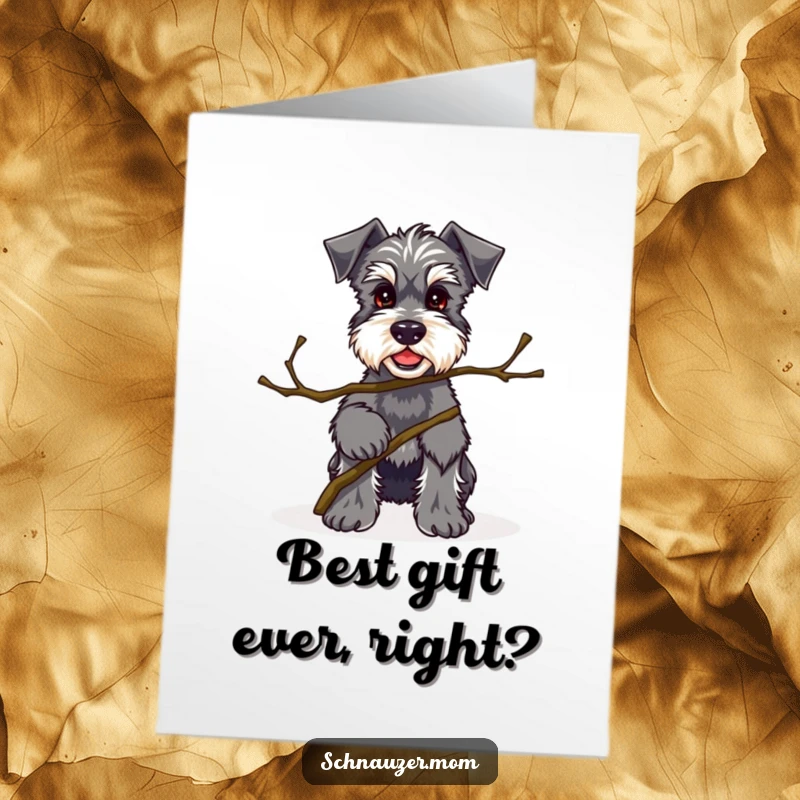 Funny Free Printable Birthday Card: Kawaii Schnauzer proudly offers a small twig, a special birthday present.