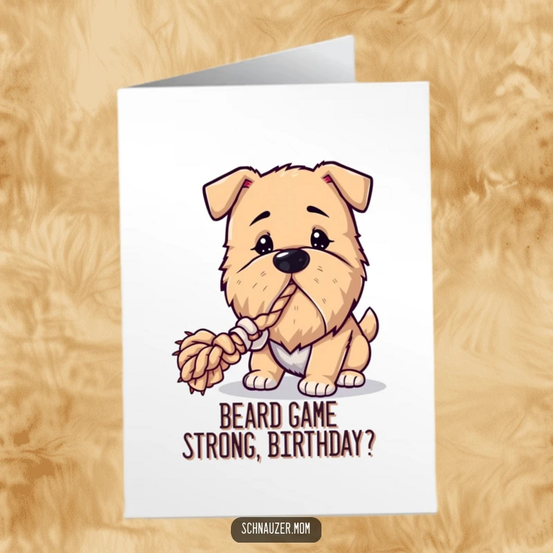 Funny Free Printable Birthday Card: A dog with a magnificent beard playfully tugs on a rope toy with enthusiasm.