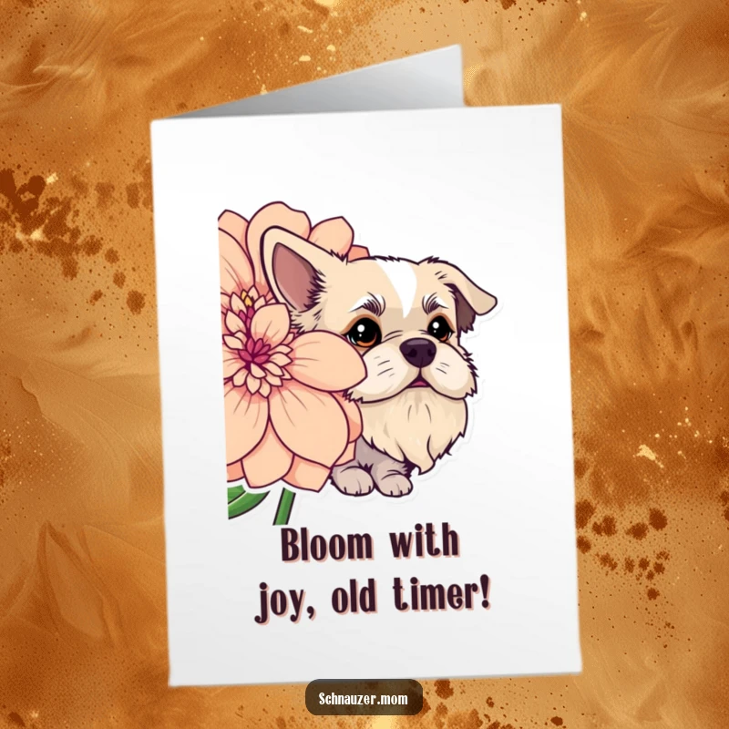 Funny Free Printable Birthday Card: Dog with a prominent beard peeking from behind a vibrant, oversized flower.