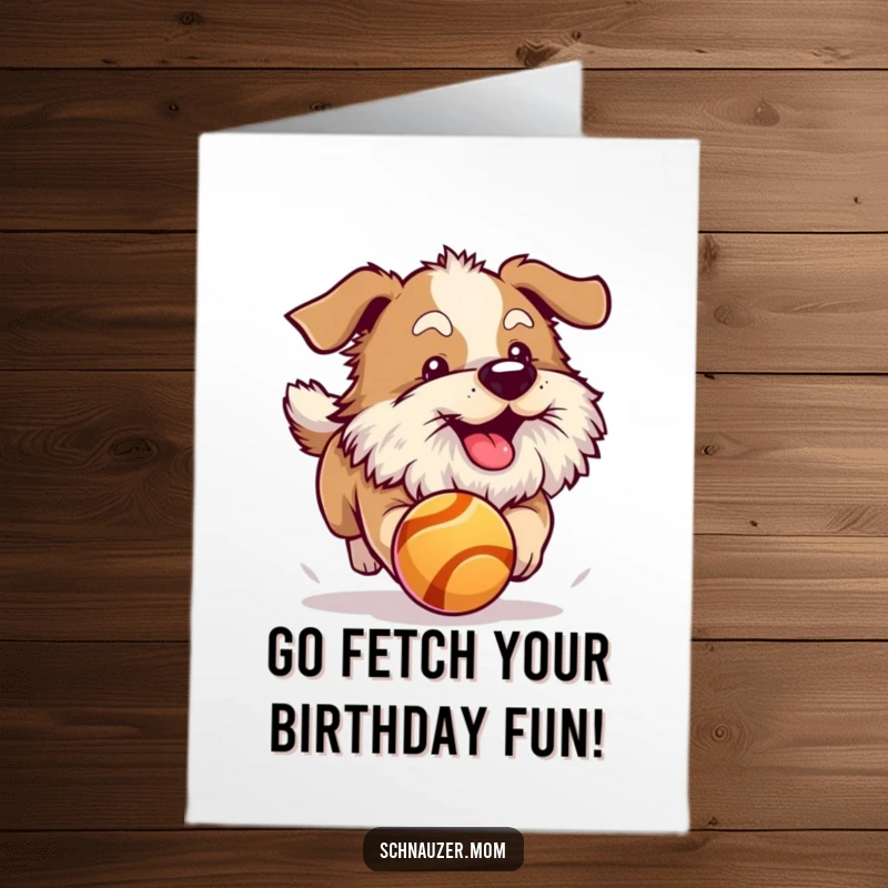 Funny Free Printable Birthday Card: Dog with a fluffy beard joyfully chasing a bouncing ball with pure excitement.