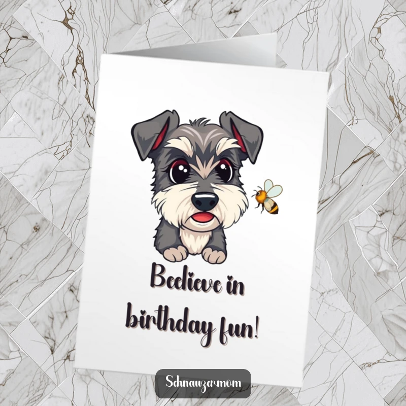 Funny Free Printable Birthday Card: Alert Kawaii Schnauzer intensely watching a bee, ready for a hilarious celebration.