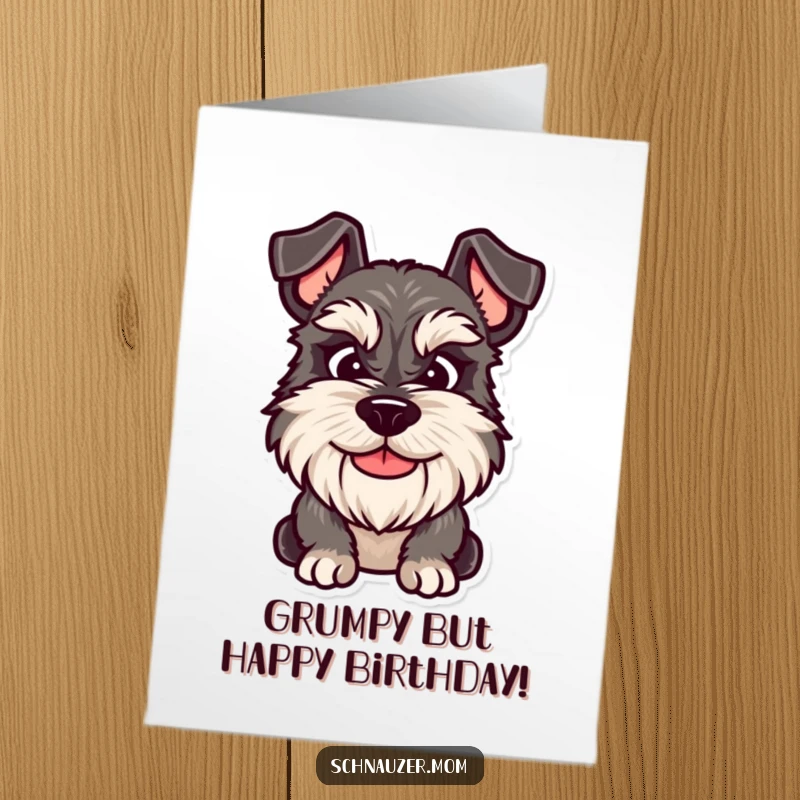 Funny Free Printable Birthday Card: A Schnauzer dog offering a friendly smile that has a slightly grumpy or sarcastic edge.