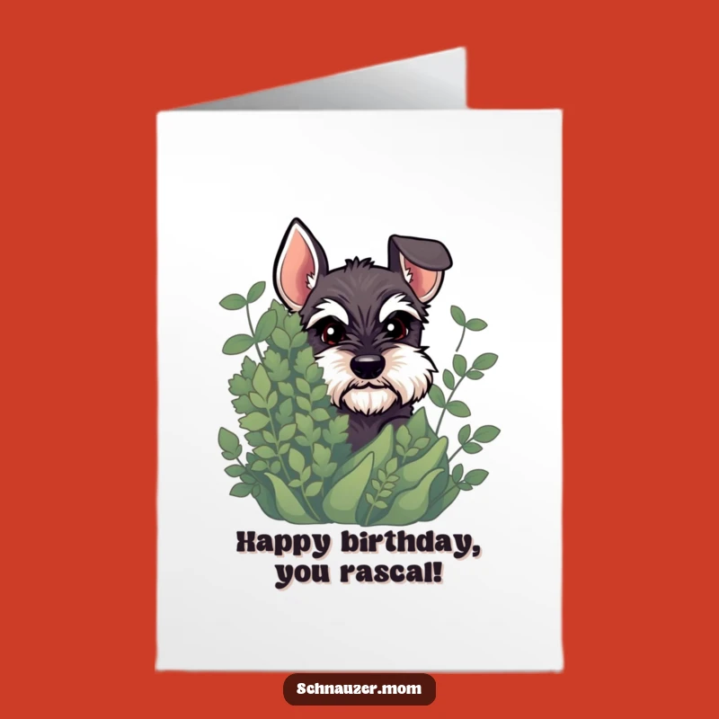 Free Printable Birthday Card: Mischievous Schnauzer Dog, Funny Downloadable Greeting for Sneaky Fun