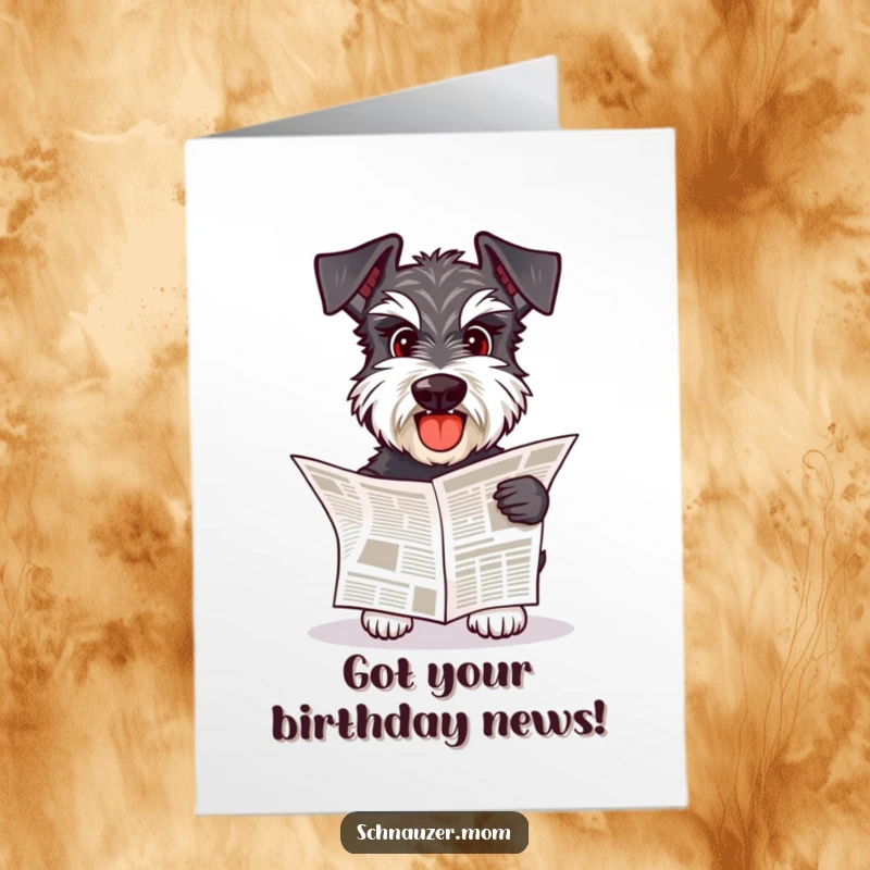 Funny Free Printable Birthday Card: Schnauzer dog happily carrying a small newspaper in its mouth.