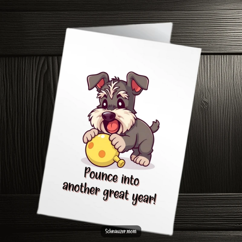 Funny Free Printable Schnauzer Birthday Card of a dog playfully mid-pounce on a squeaky toy, full of joy.