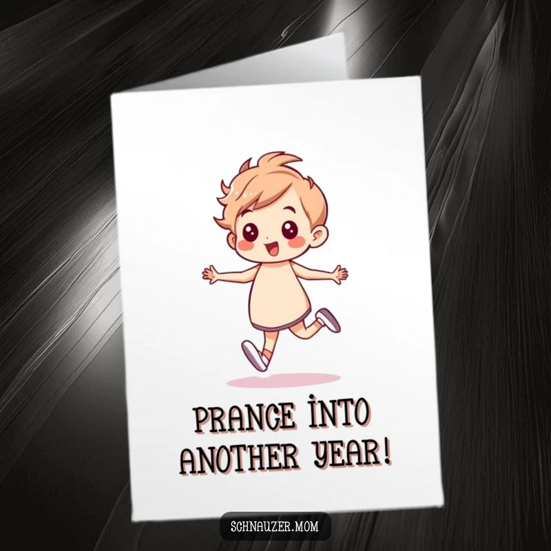 Funny free printable birthday card of a dog prancing with a confident, energetic gait, celebrating in style.