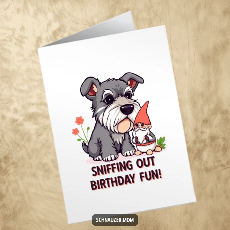 Funny Free Printable Birthday Card: A curious Schnauzer dog investigating a small garden gnome with its nose.
