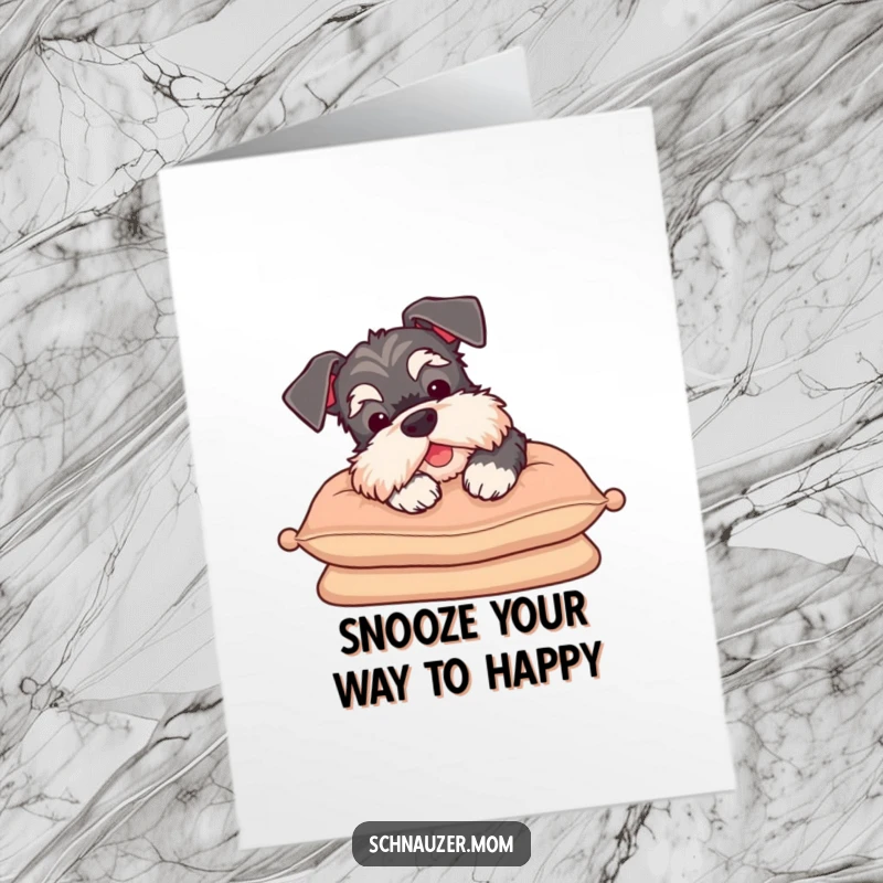 Funny Free Printable Birthday Card: A Schnauzer resting its head on a plush cushion with a contented sigh.