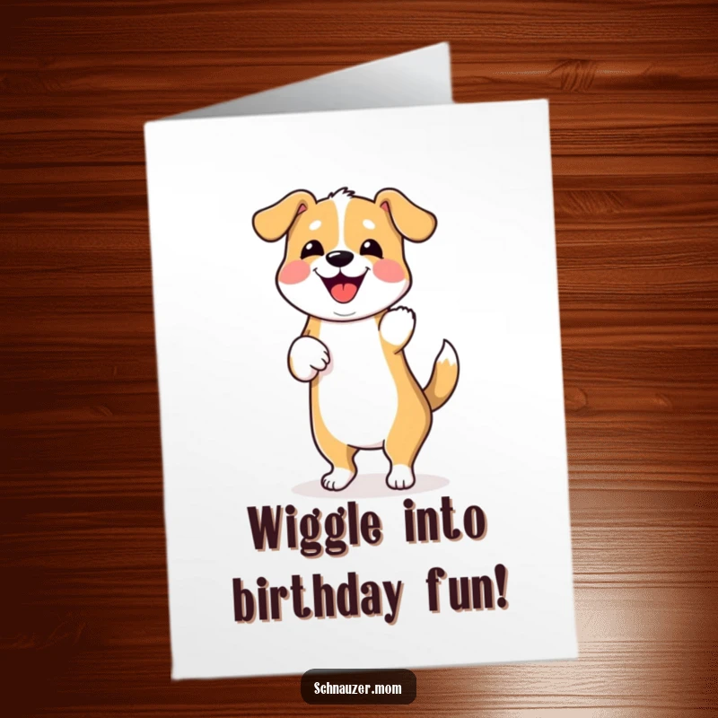 Funny Free Printable Birthday Card: Dog doing a happy wiggle dance, downloadable humor for a joyous birthday.