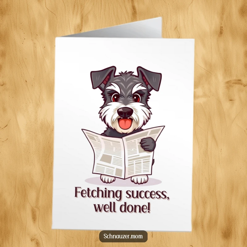 Funny Free Printable Congratulations Card: Schnauzer dog proudly delivering a small newspaper.