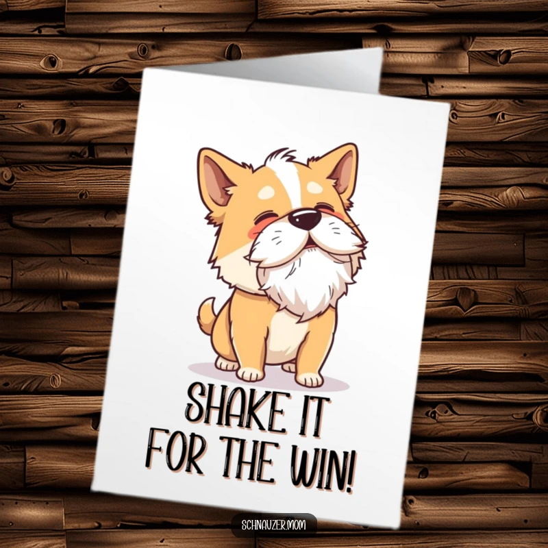 Free Printable Congratulations Card: A dog shakes its head with gusto, its beard dramatically flying, celebrating your big win.
