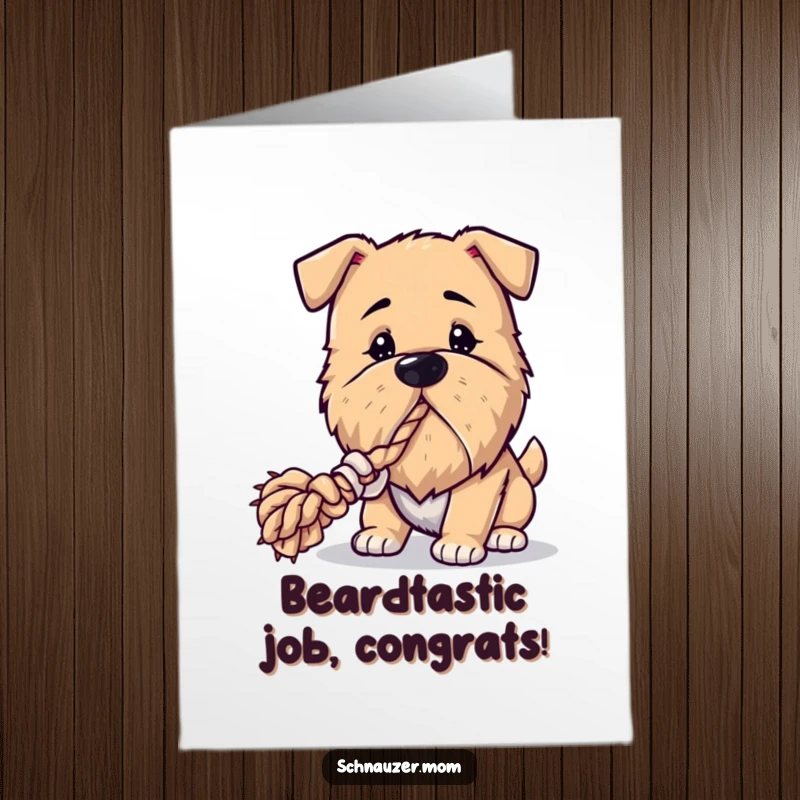 Free Printable Congratulations Card: A dog with a stylish beard is locked in a fun tug-of-war, celebrating your win.
