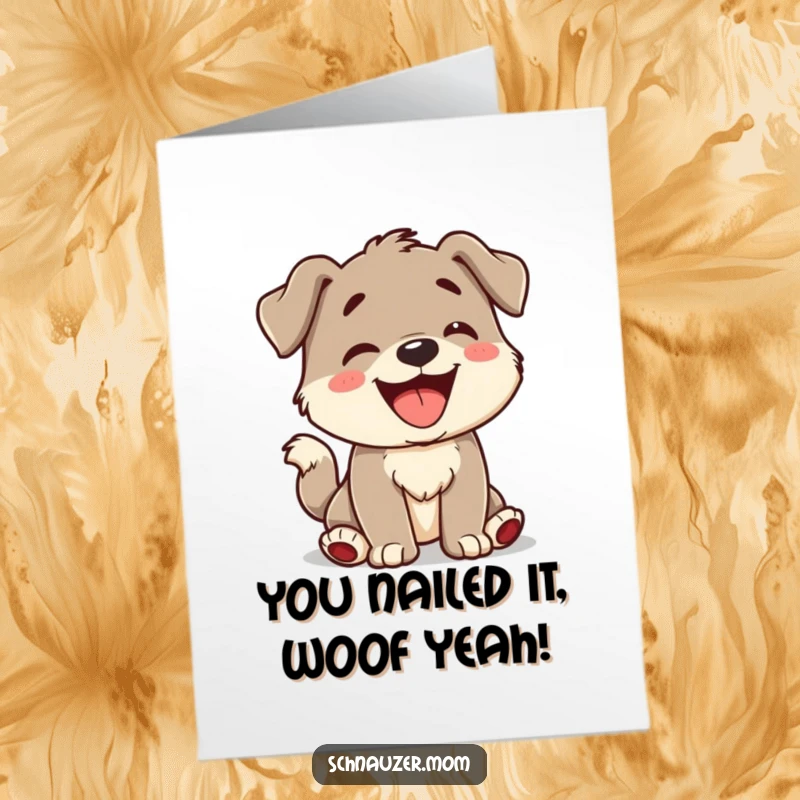 Funny Free Printable Congratulations Card: A joyful character barking playfully and wagging its tail with excitement.