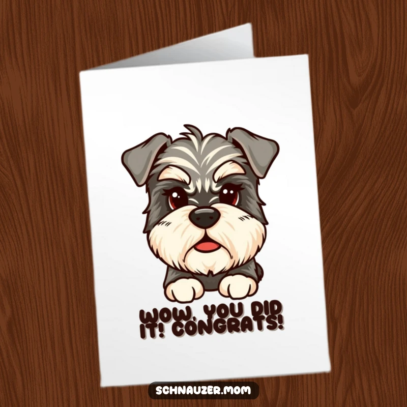 Funny Free Printable Congratulations Card: A Schnauzer character with expressive eyebrows appears thoughtful. A downloadable for congratulations.