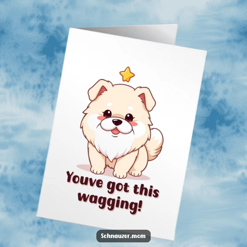 Funny Free Printable Congratulations Card: Fluffy dog with white beard wagging tail, celebrating success with a star.