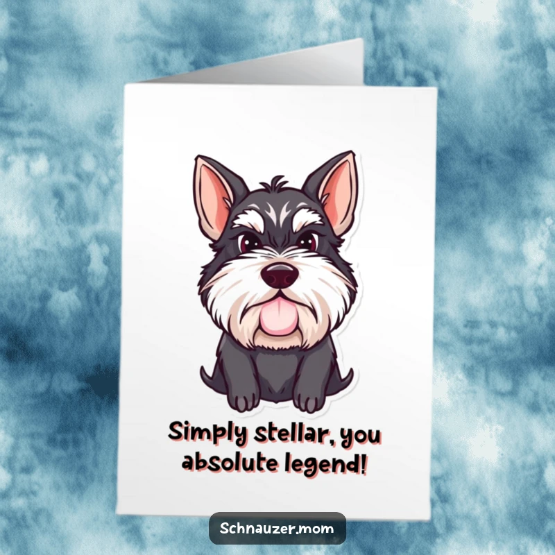 Funny Free Printable Schnauzer Congratulations Card showing a proud dog with a stylish mustache, ready to celebrate.